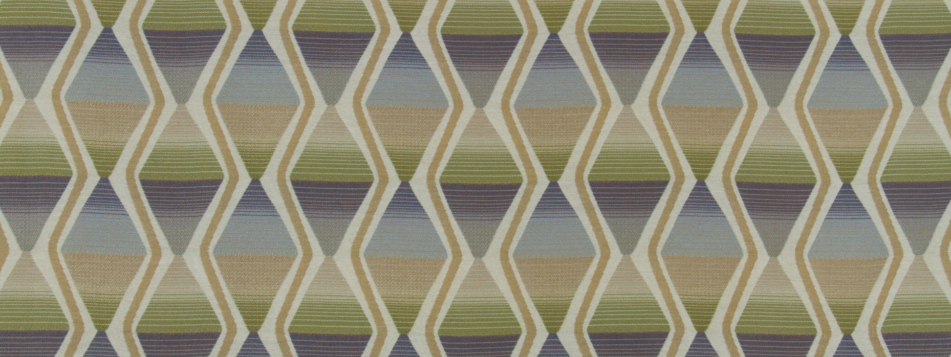 Muted diamond lattice pattern in beige, sage, gray, and lavender on upholstery fabric swatch.