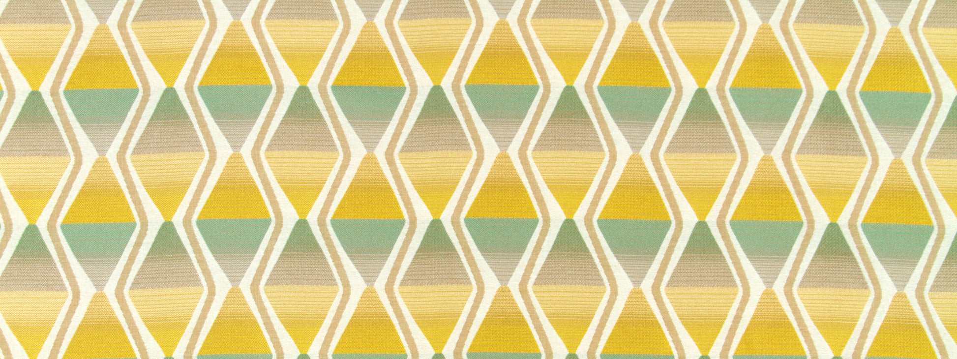 Geometric diamond lattice pattern in yellow, green and beige tones on upholstery fabric.
