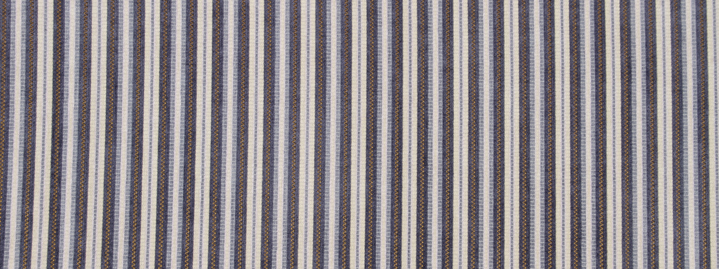 Vertical navy, blue, and white striped upholstery fabric.