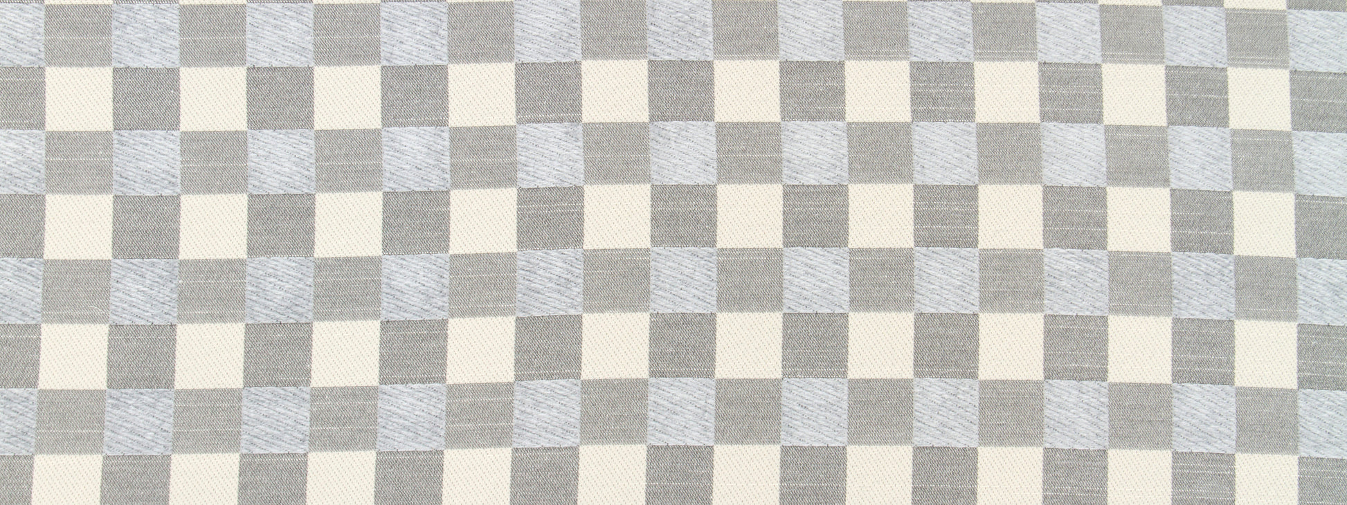 Beige and pale blue-gray checkerboard upholstery fabric with a square pattern.