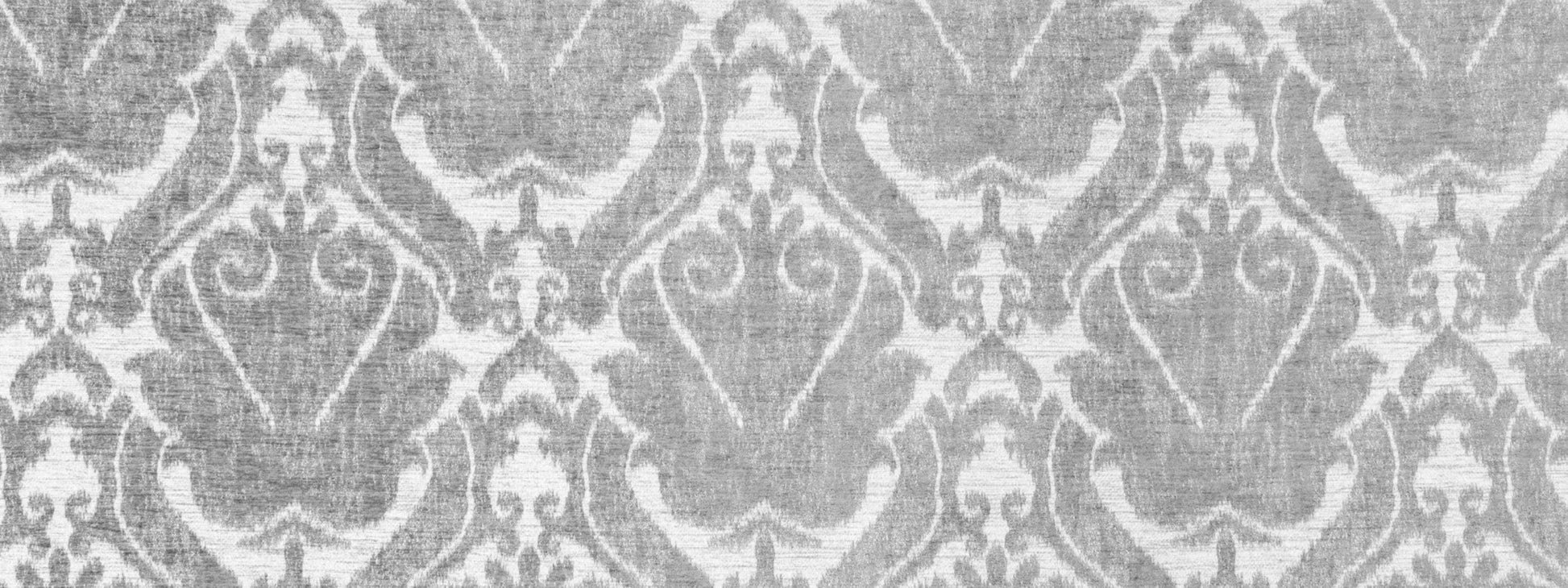 Gray damask upholstery fabric with ornate repeating floral motifs; classic decorative pattern.