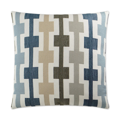 Woven square throw pillow with geometric vertical block pattern in blue, beige, taupe and gray.