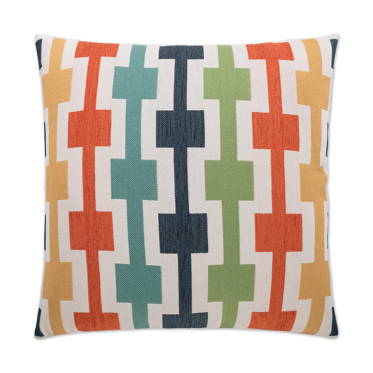 Throw pillow with bold multicolor geometric interlocking-block pattern in orange, teal, navy, green and mustard.