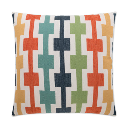 Throw pillow with bold multicolor geometric interlocking-block pattern in orange, teal, navy, green and mustard.