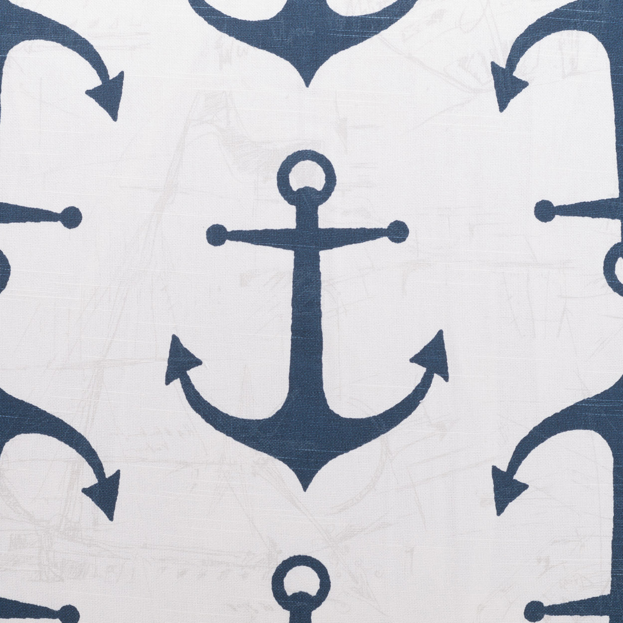 Navy anchor print fabric on light gray background with a repeating nautical pattern.