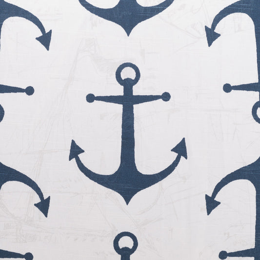 Navy anchor print fabric on light gray background with a repeating nautical pattern.
