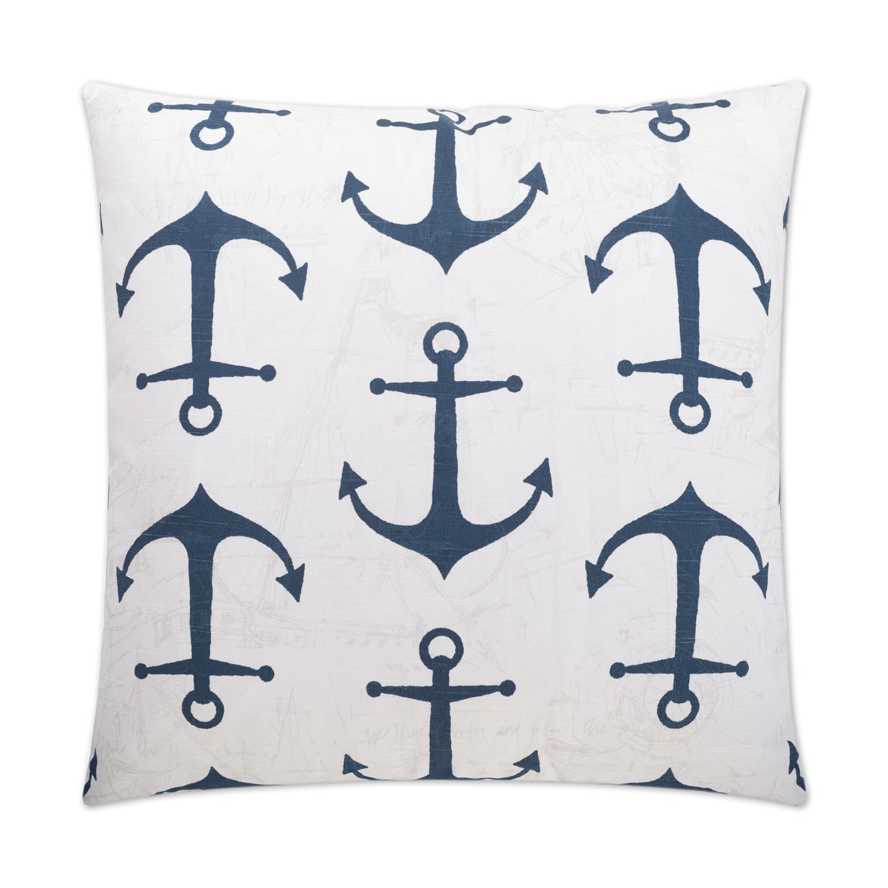 Navy anchor pattern throw pillow with repeating anchors on a light background; nautical decorative pillow.