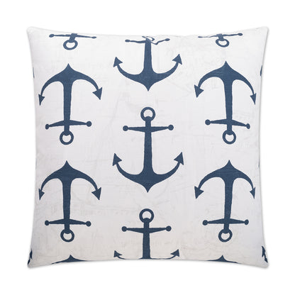 Navy anchor pattern throw pillow with repeating anchors on a light background; nautical decorative pillow.