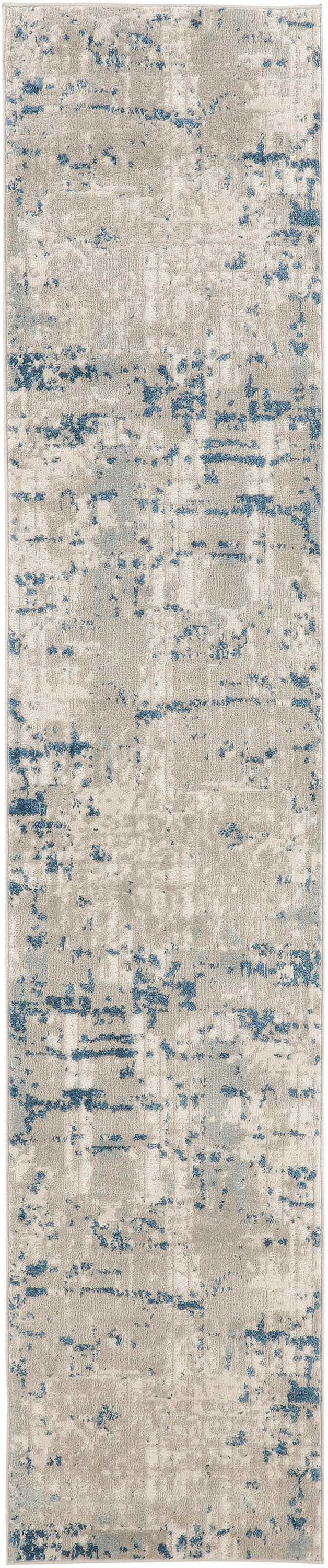 Beige distressed runner rug with muted blue abstract pattern; modern, soft-textured design.