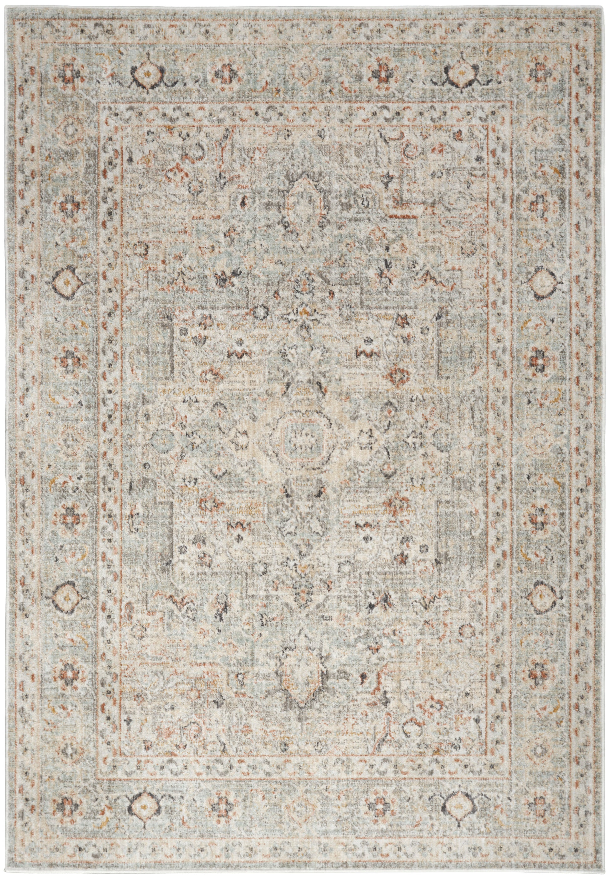Rectangular distressed Persian-style rug in ivory-gray with soft rust accents and ornate floral border.