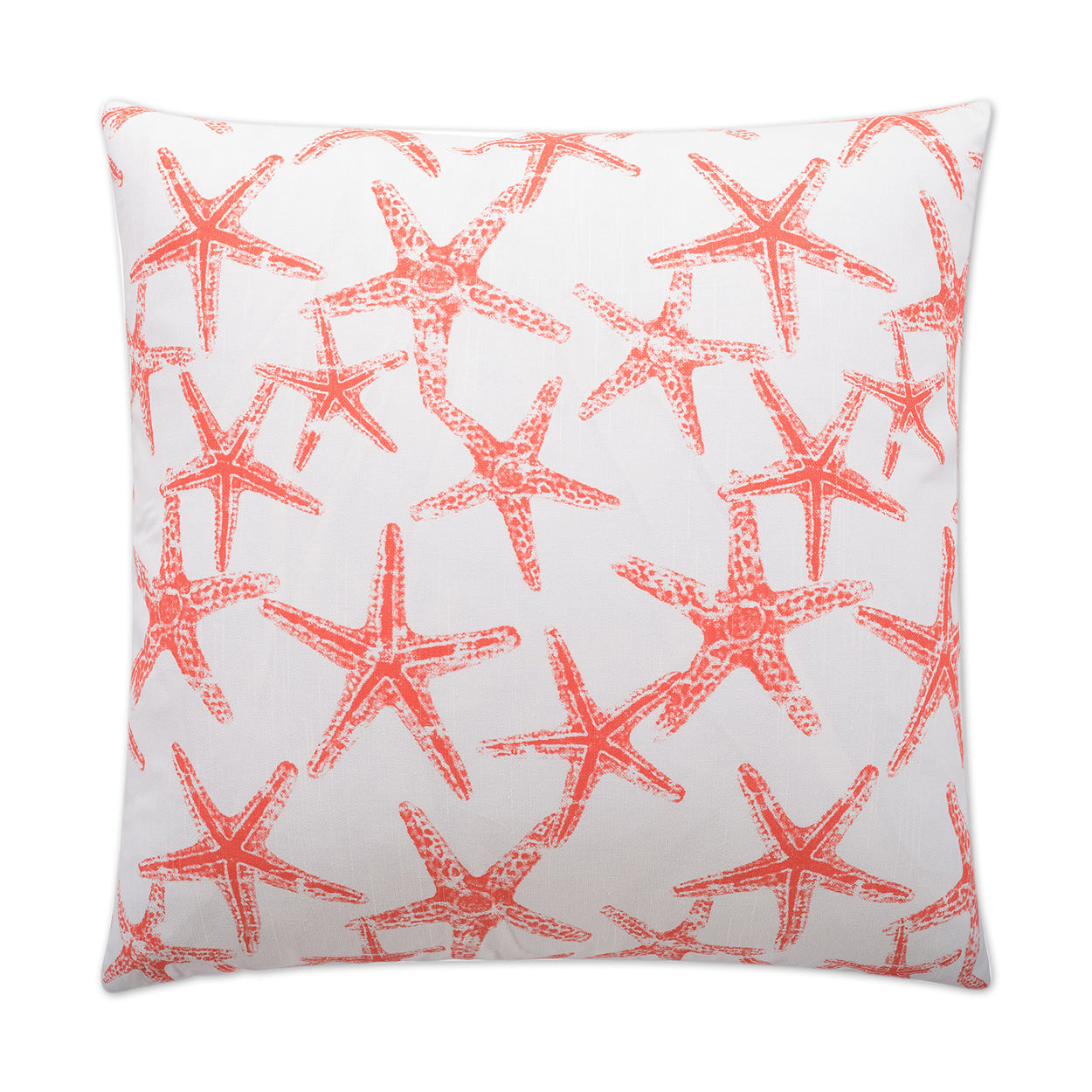 Square decorative throw pillow with a coral starfish pattern on salmon-colored fabric, coastal beach style.