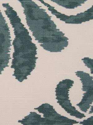 Teal botanical leaf pattern on beige woven fabric; upholstery or curtain textile with linen-like texture
