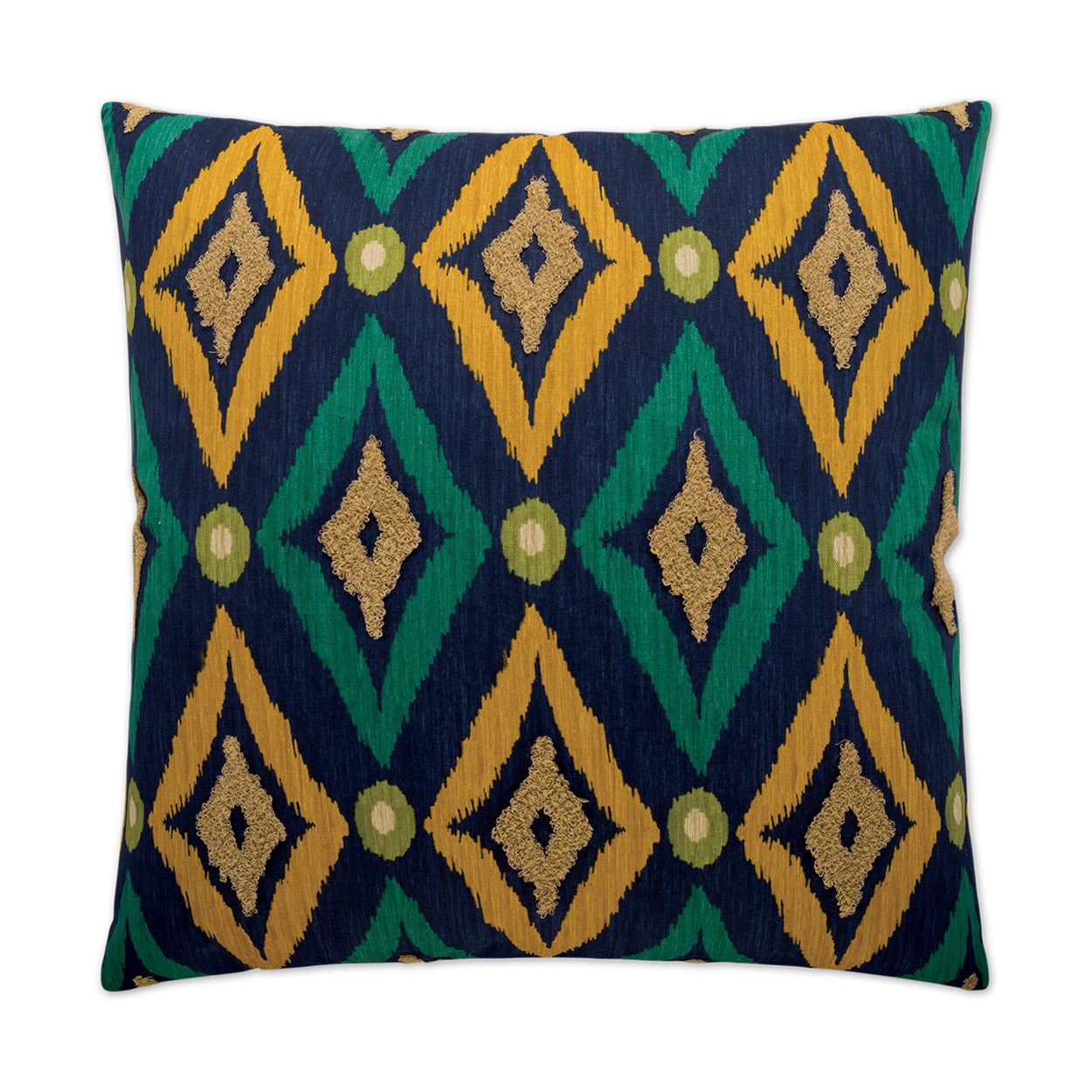 Rectangular throw pillow with navy base and emerald green & mustard yellow diamond ikat pattern with pale green dots.