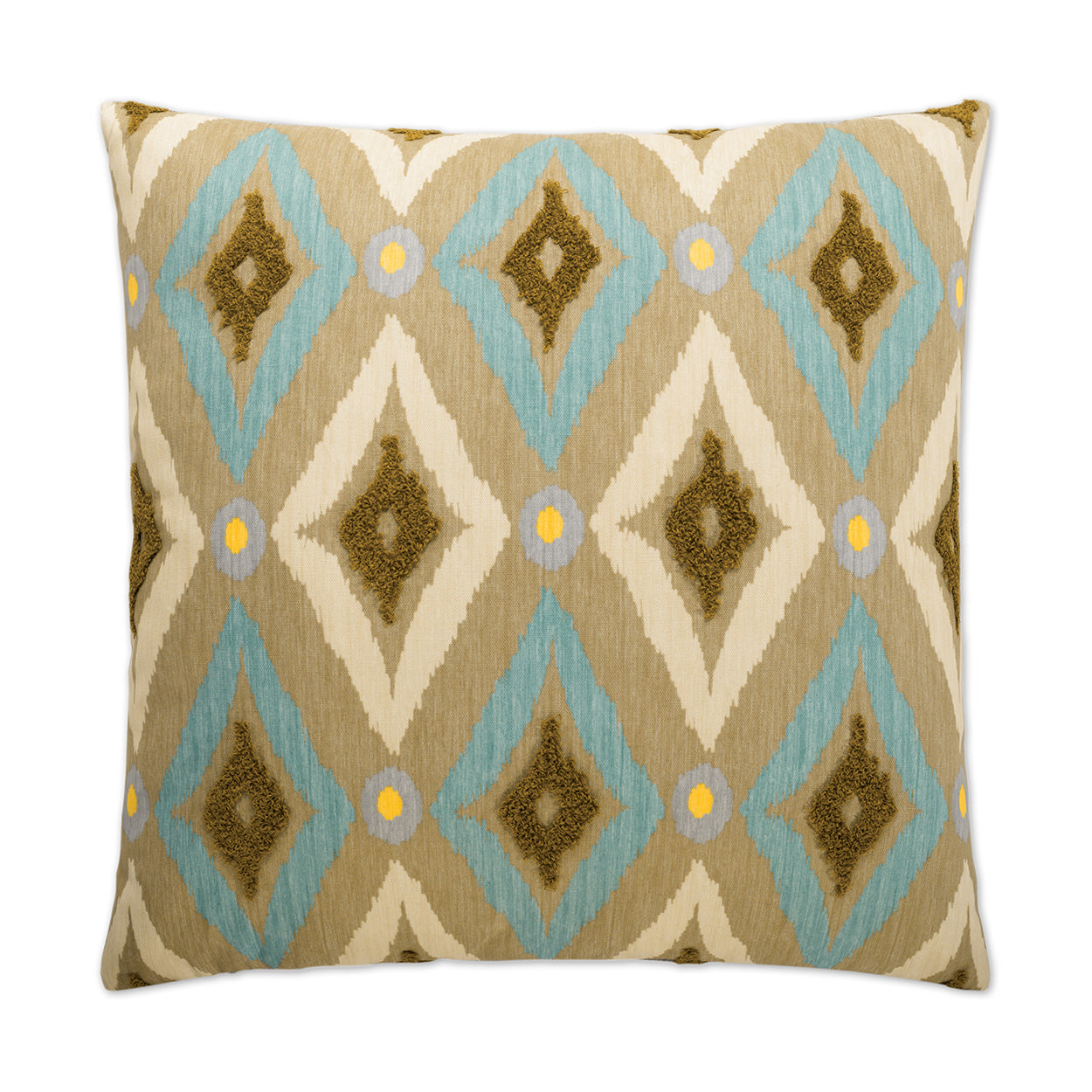 Decorative square throw pillow with diamond ikat pattern in beige, light blue, olive brown and yellow accents.