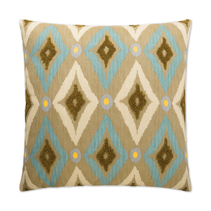 Decorative square throw pillow with diamond ikat pattern in beige, light blue, olive brown and yellow accents.