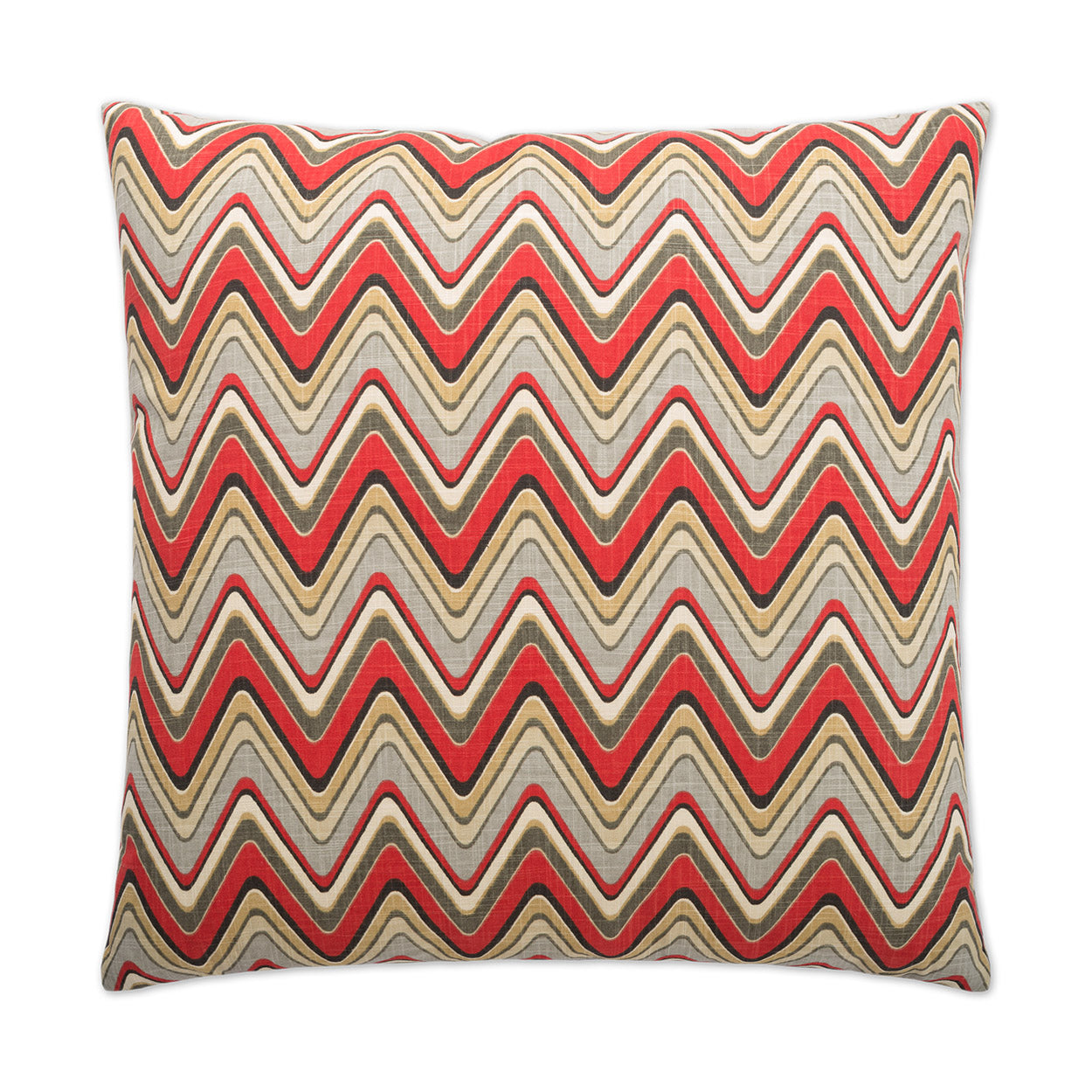 Rectangular decorative throw pillow with red, tan and beige chevron zigzag pattern.