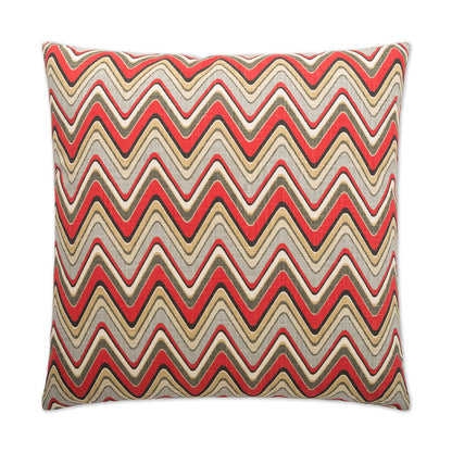 Rectangular decorative throw pillow with red, tan and beige chevron zigzag pattern.