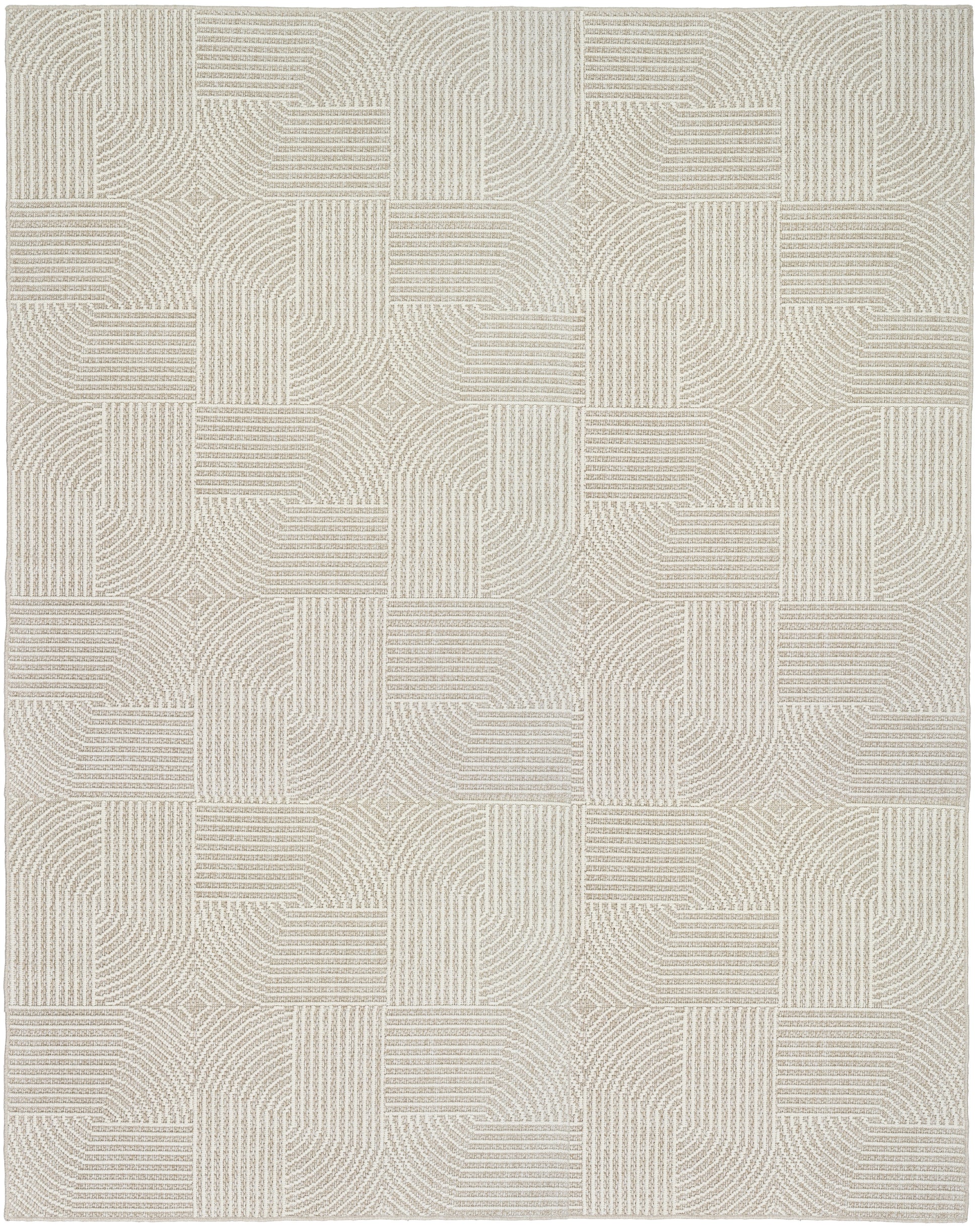 Beige and cream woven area rug with modular patchwork squares of striped lines.