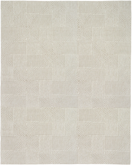 Beige and cream woven area rug with modular patchwork squares of striped lines.