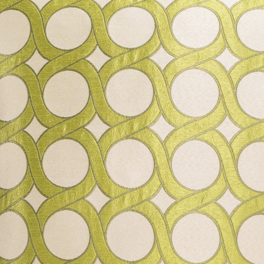 Lime green circular ring pattern on cream fabric; geometric chain-link motif for decorative upholstery.