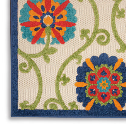 Decorative rectangular woven area rug with vibrant floral tapestry; beige background, green vines, navy border.