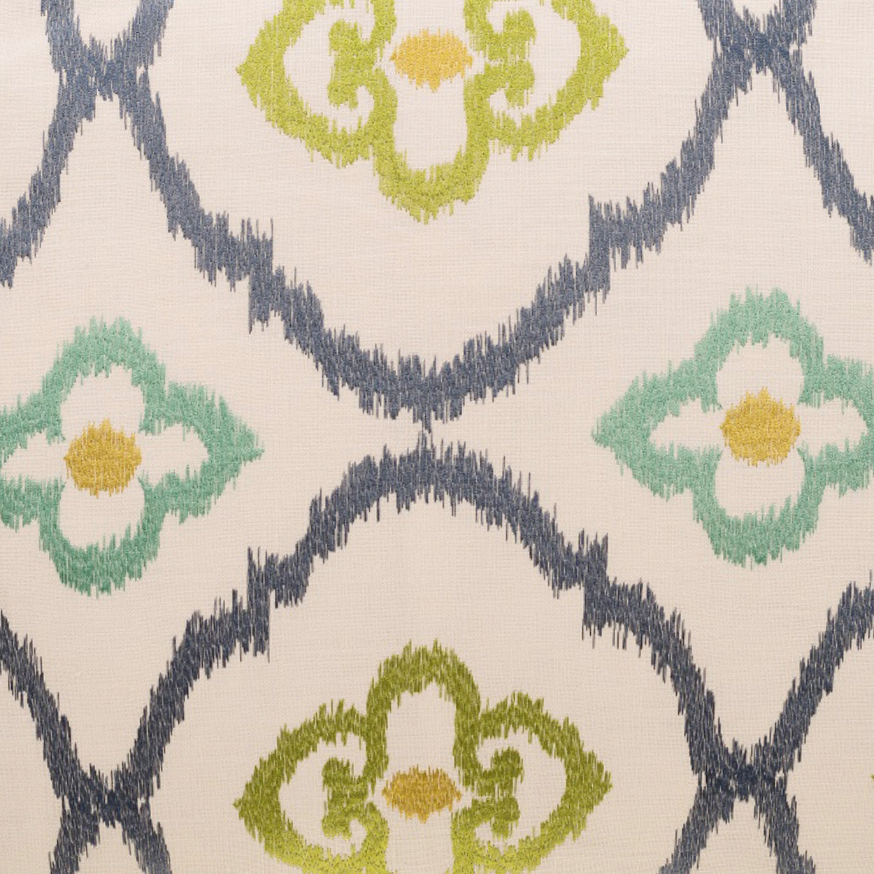 Cream fabric with navy lattice and pastel green, pale blue and yellow floral motifs in a trellis pattern.