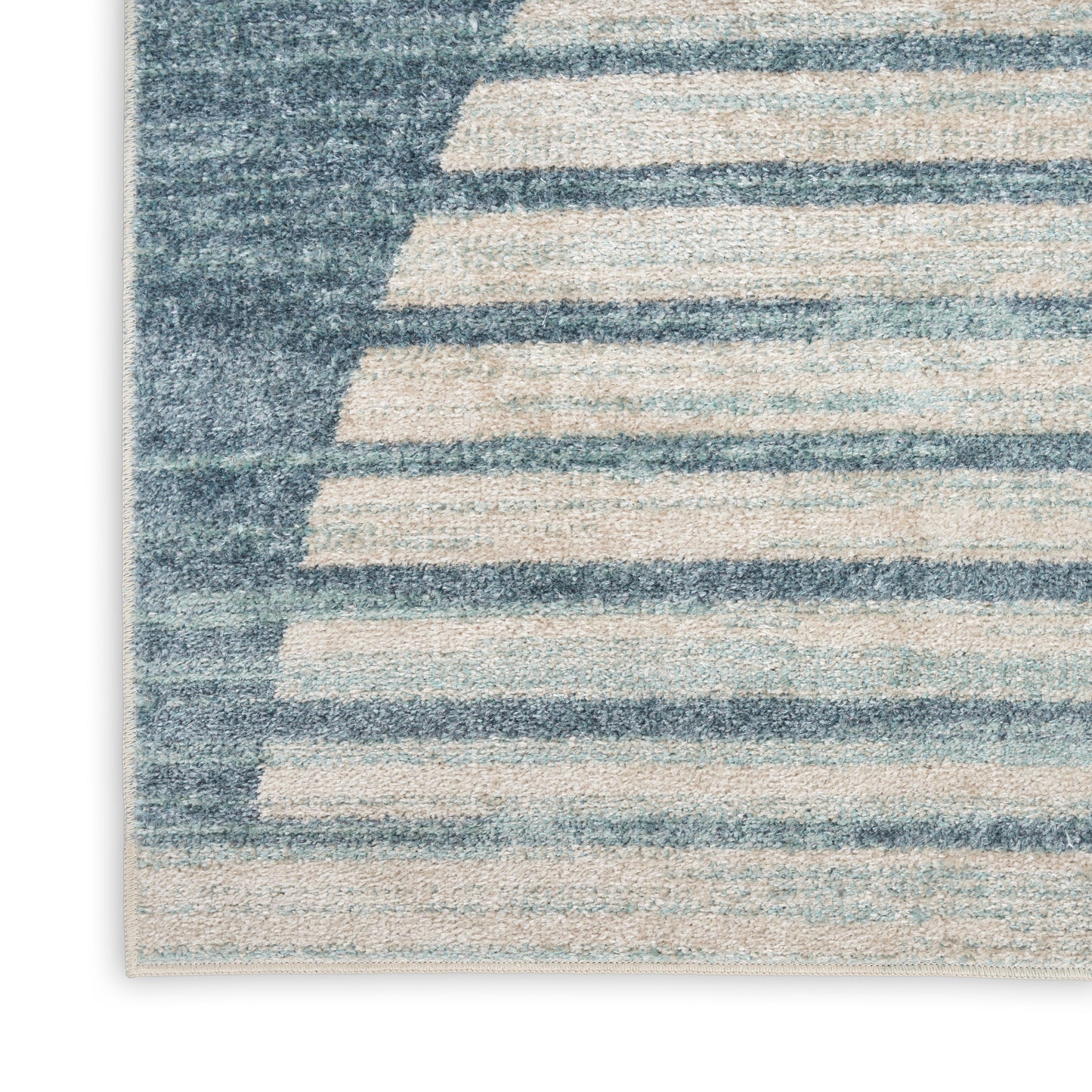 Blue and beige striped mid-century modern rug with a soft plush pile; rectangular 8' x 10'.