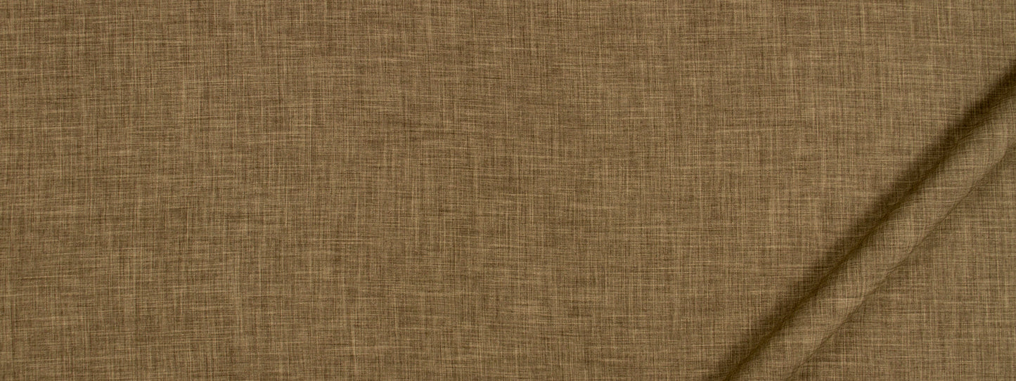 Close-up of warm brown linen-like woven fabric texture with visible fibers.