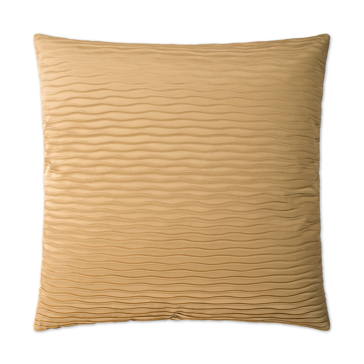 Golden beige square decorative pillow with horizontal wavy pleats and soft fabric.
