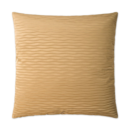 Golden beige square decorative pillow with horizontal wavy pleats and soft fabric.