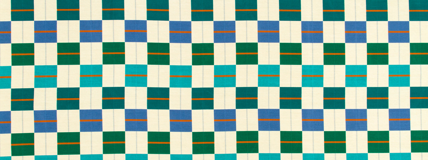 Geometric checkered textile in teal, blue, green and cream with orange stripe accents; modern woven fabric pattern