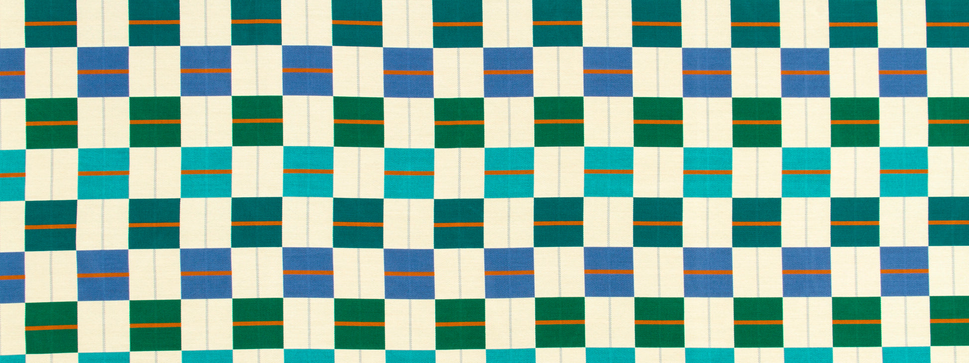 Geometric checkered textile in teal, blue, green and cream with orange stripe accents; modern woven fabric pattern