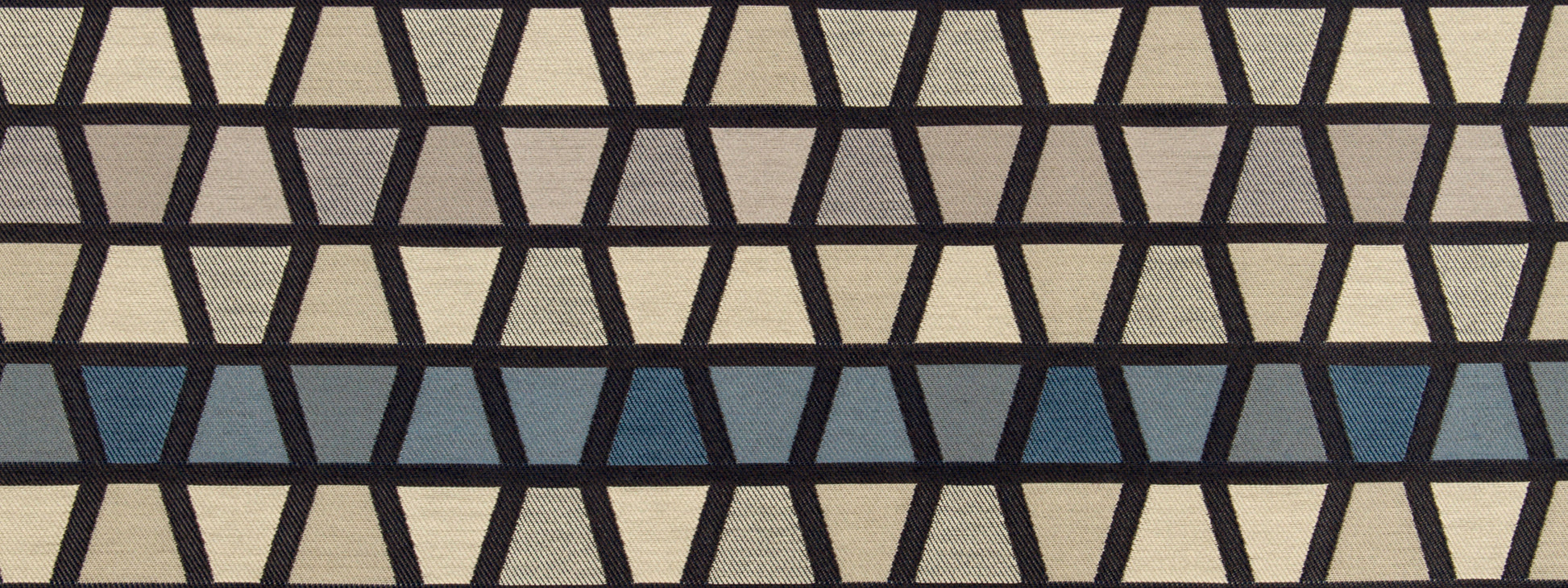 Beige fabric with black diamond lattice pattern and a blue horizontal stripe.