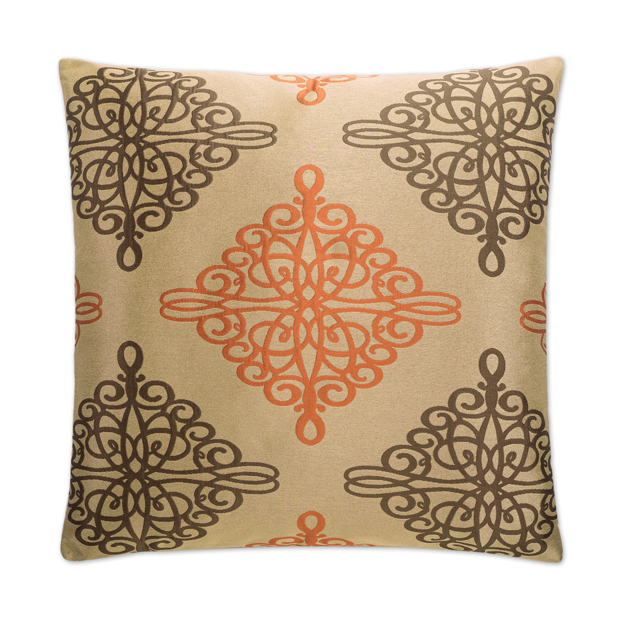 Copper-toned throw pillow featuring orange and brown Moroccan-inspired lattice patterns.