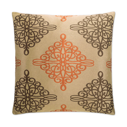 Copper-toned throw pillow featuring orange and brown Moroccan-inspired lattice patterns.