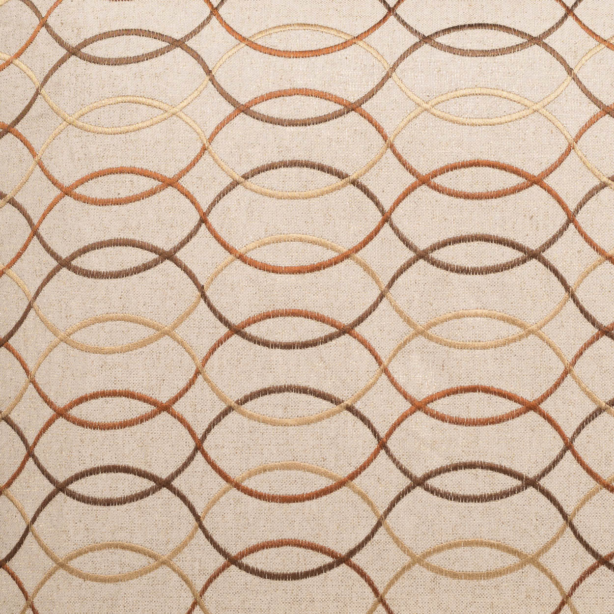 Beige fabric with a repeating interlocking oval chain pattern in brown and tan shades.