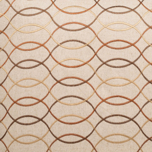 Beige fabric with a repeating interlocking oval chain pattern in brown and tan shades.