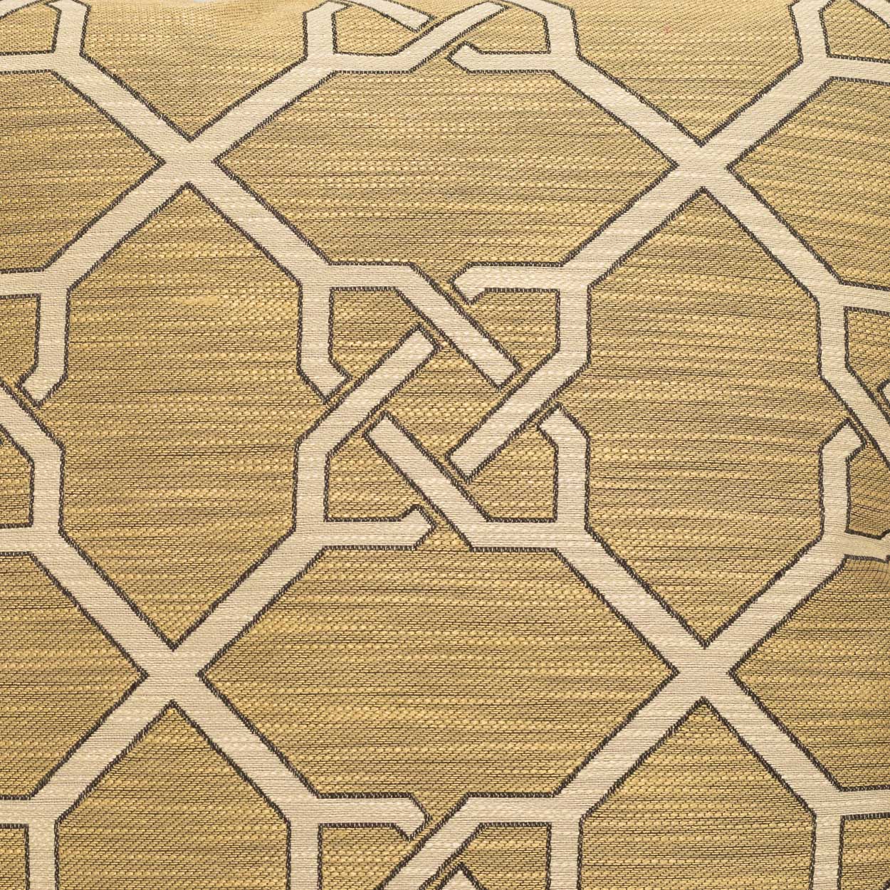Beige fabric with cream geometric lattice pattern of interlocking octagons and diamonds.