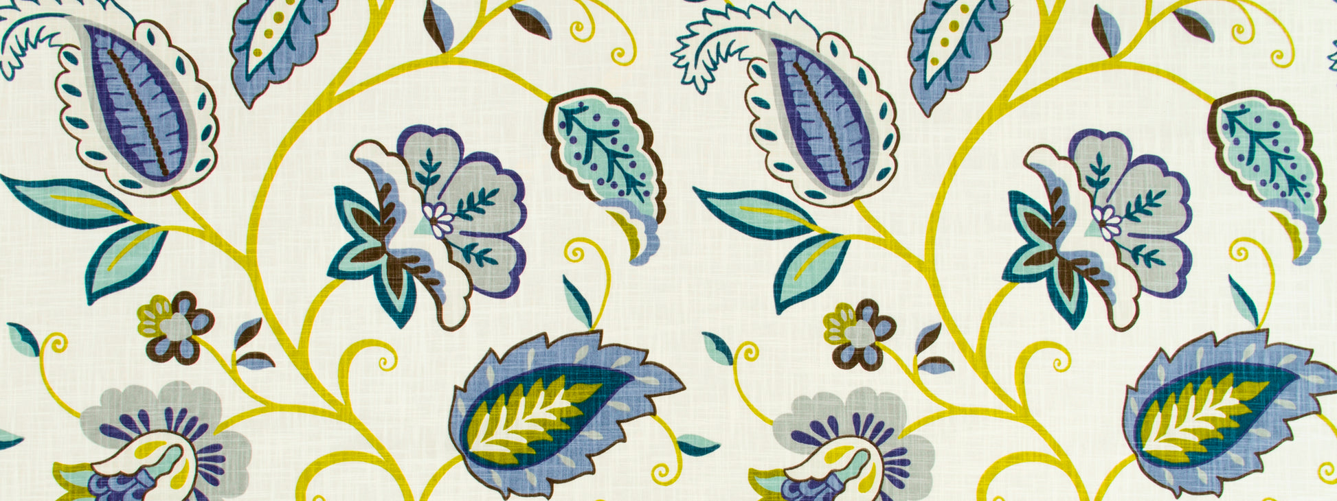 Vibrant botanical fabric pattern with blue, teal and yellow leaves and swirling vines on white background.