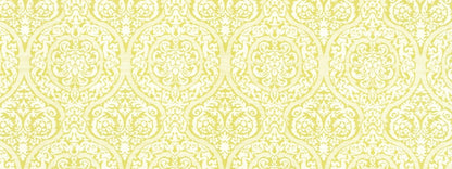 Pale yellow damask pattern with ornate floral scrolls for wallpaper or fabric.
