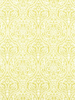 Pale chartreuse damask wallpaper with ornate repeating medallions and floral scrolls on white background.
