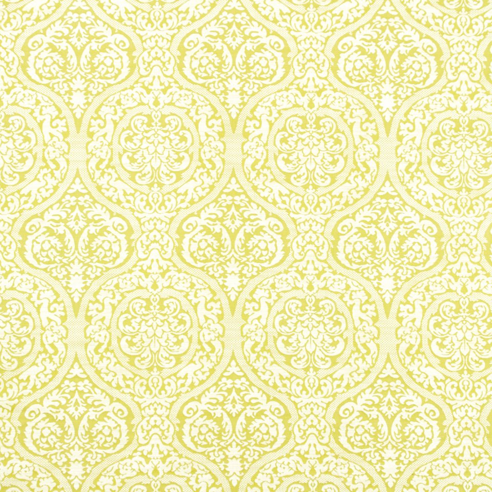 Pale yellow damask wallpaper with ornate scrolling floral medallions in a repeating pattern.