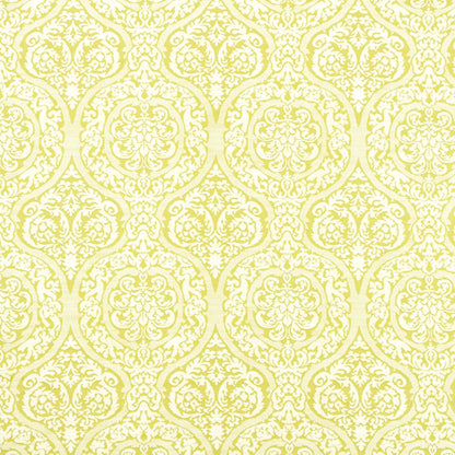 Pale yellow damask wallpaper with ornate scrolling floral medallions in a repeating pattern.