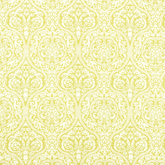 Pale yellow damask wallpaper with ornate scrolling floral medallions in a repeating pattern.