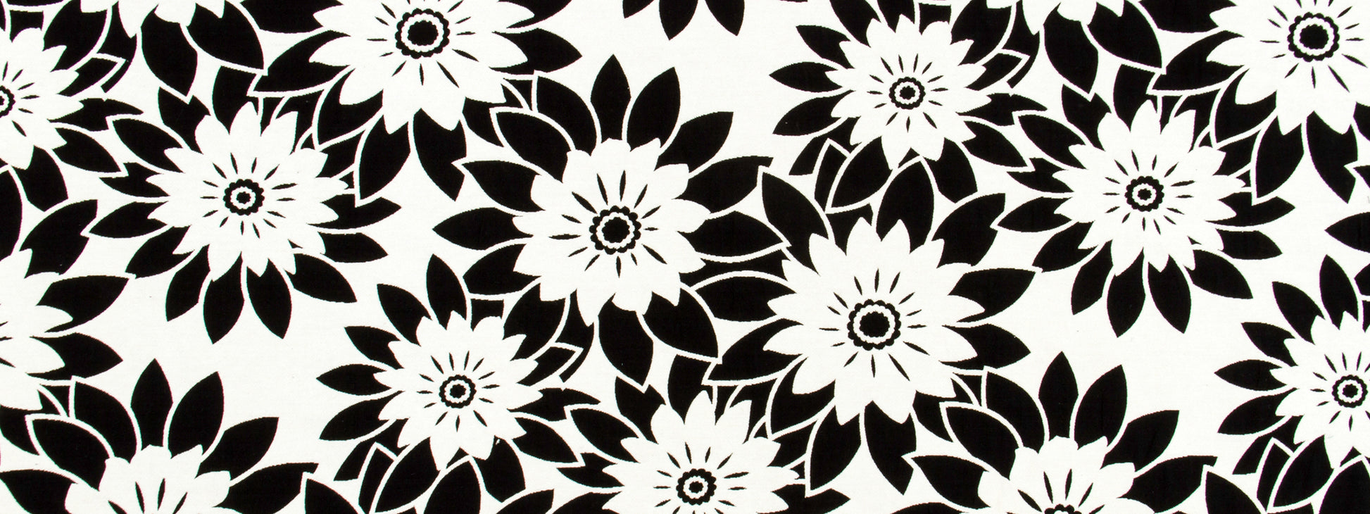 Bold black-and-white floral print with large daisy-like blooms, high-contrast graphic fabric pattern.
