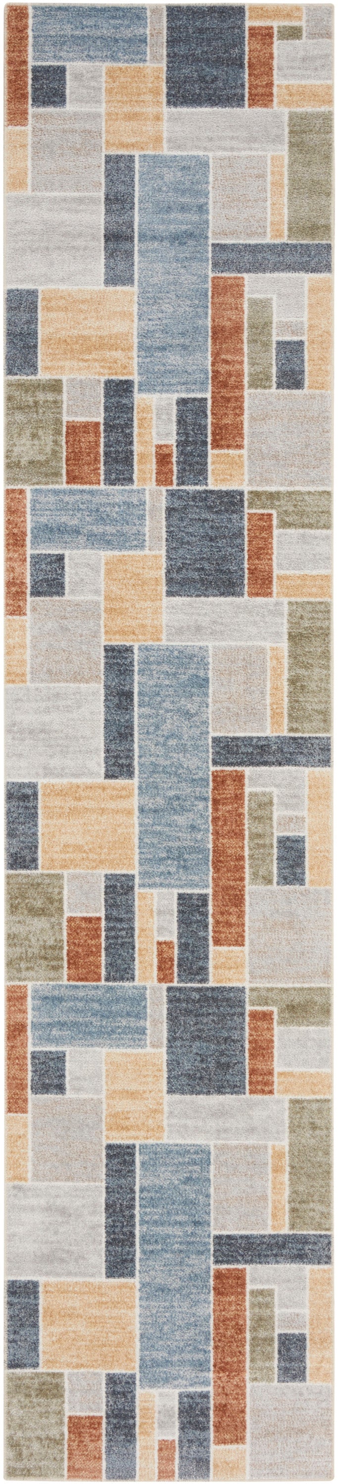 Rectangular collage of vintage book pages in blue, beige and orange, forming a textile-style tile wallpaper pattern.