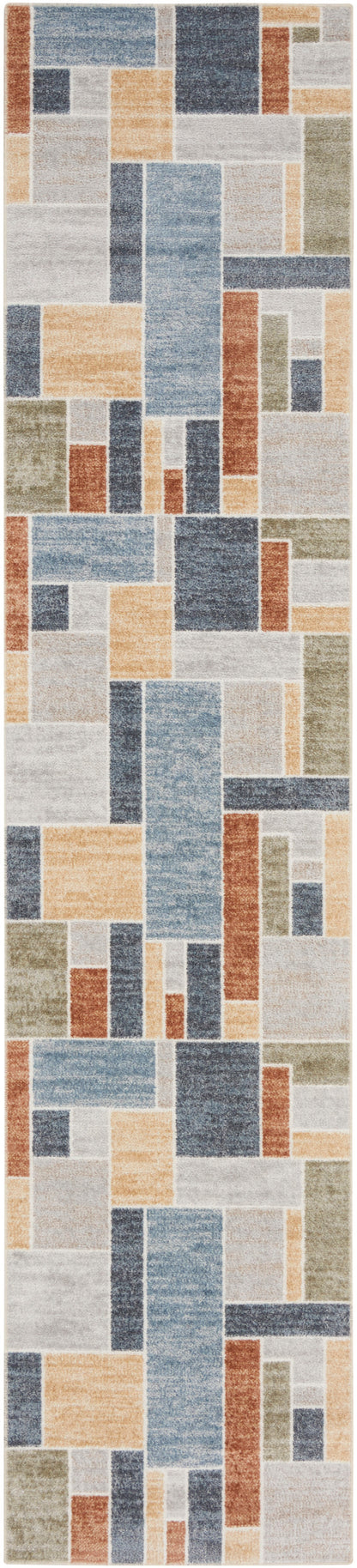 Rectangular collage of vintage book pages in blue, beige and orange, forming a textile-style tile wallpaper pattern.