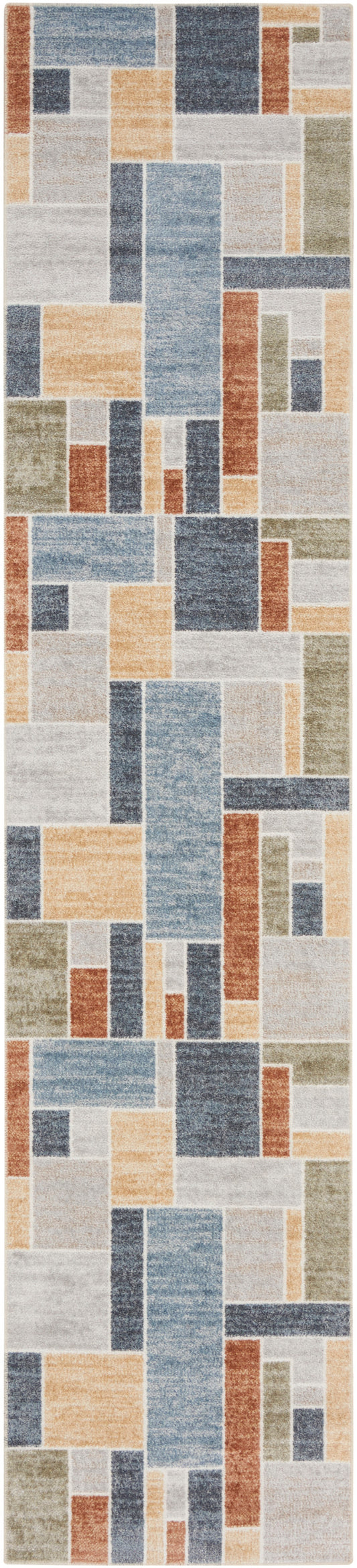 Rectangular collage of vintage book pages in blue, beige and orange, forming a textile-style tile wallpaper pattern.