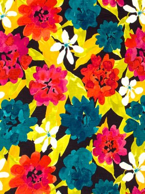 Vibrant tropical floral fabric print with pink, red and teal blooms and white accents on a black background.