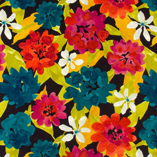 Vibrant tropical floral fabric pattern with large teal, orange, pink and red blossoms, white flowers, lime leaves on black.